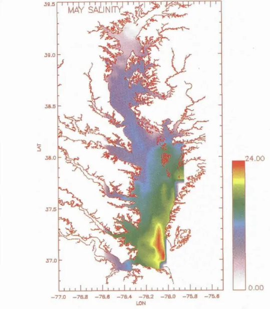 Fig.  2:  Composite  surface  salinity for  the  month  in  the  Cheasapeake  Bay.  This  is  a  month  with  ap-  preciable fresh  water influence  in  the  lower portions  of the Bay