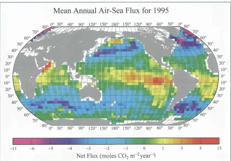 Figure 6. Distribution of the climatological mean annual sea-air C02 flux  (moles C02 m -2 yr-g for the reference year 1995 rep-  resenting  non-El Niho  conditions