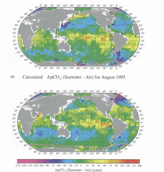 Figure 3. Distribution of climatologicaI mean sea-air pC02 difference (ApCO2) for the reference year 1995 representing  non-  El Niho conditions  in February  (a) and August  (b)