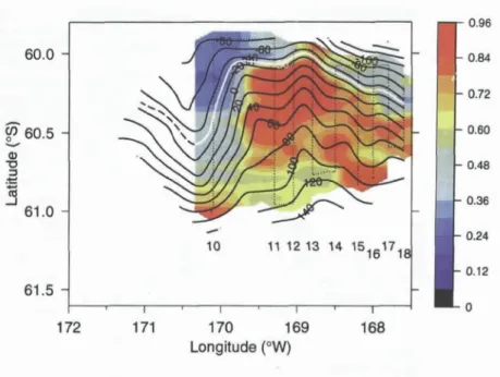 Figure 8. Map of chlorophyll  a at 51  m (color, ~g 1-1) at the Antarctic Polar  Front  (APF) from  a  SeaSoar  survey  made  during  15-19  November  1997