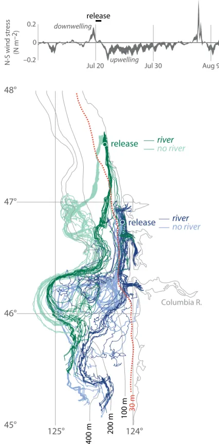 figure 11. an example of nearshore retention caused by a river plume. The fate of water  found on the Washington inner shelf during the onset of a sustained upwelling event,  July 20, 2004, shown for two model cases: a base case with the Columbia river inc