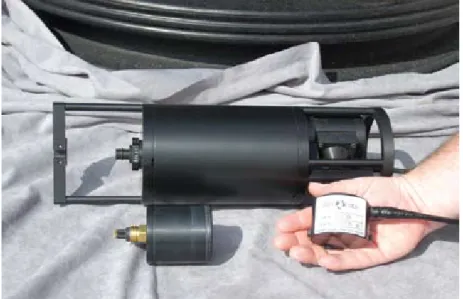 figure 2. Chlorophyll fluorometers. a Sea tech fluorometer, circa 1990, (background) and a  pair of Wet labs eCO-puck fluorometer/backscatter sensors (foreground)