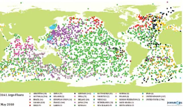 figure 5. distribution of argo floats (as of may 31, 2010) in the world’s ocean. today, over 3000 argo floats have been released  (given an average lifetime of 3.75 years, approximately 800 floats must be released each year to sustain the desired standing 