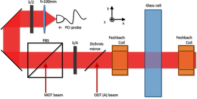 Figure 4.3: Optical path of probe beam before the glass cell. The probe beams coming out of the single-mode optical fiber are collimated by the achromatic doublet lens