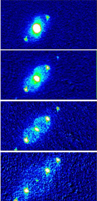 図 6.8 Pulsed Lattice を行った Rb 原子の回折パターン TOF は 31.3ms であり、写真のサイズはそれぞれ 1550 × 790µm である。 2.113 から、 Pulse 時間を 5µs に固定した時に 0 次の回折パターンが小さくなるようにアライメントを行えばポテンシャルが深 くなることが分かる。よって回折パターンを見ながら最適化を行ったところ、写真上から写真下のよ うに回折パターンが変わった。 Lattice ポテンシャルの深さも 0 次の回折パターンが消えた時間から知る