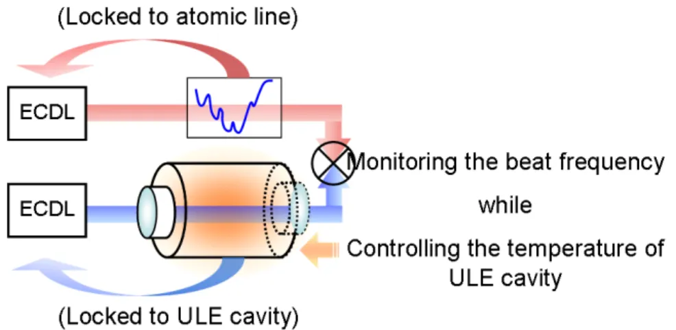 図 4.7: Zero-expansion Temperature 測定の概念図 :Cavity の温度を変化させながら、原子 の共鳴線に安定化した参照用レーザーと Cavity に安定化した測定用レーザーのビート周 波数を測定し、二次的振る舞いを観測する。 鳴周波数を比較するという手法を用いた。この手法のポイントは、 Cavity に安定化した 光の周波数 (∼100THz) を直接測定するのではなく、安定な光源との周波数差 (∼100MHz) を測定することにより、求められる周波数測定の精度を 6 桁小