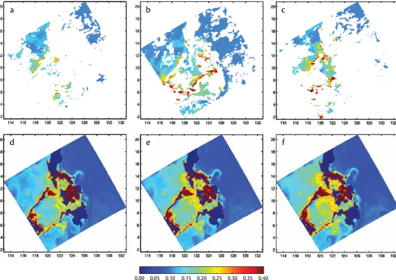 Figure 2. comparison of mit multidisciplinary simulation, estimation, and assimilation system (mseas) chlorophyll (mg m -3  of N) real-time forecasts with  composites of satellite sea surface color (ssc) imagery