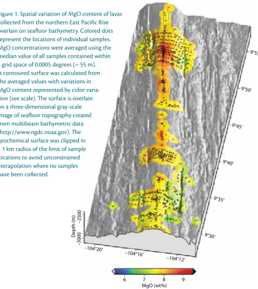 Figure 1. Spatial variation of MgO content of lavas  collected from the northern east pacific rise  overlain on seafloor bathymetry