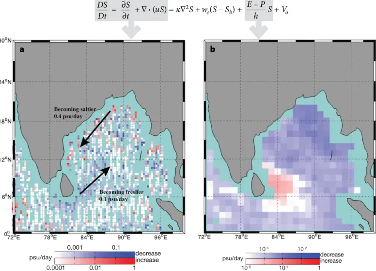 FIGURE 6. (a) Lagrangian rate of change in salinity composited onto a 1/3 × 1/3 degree grid for the period August to October 2013