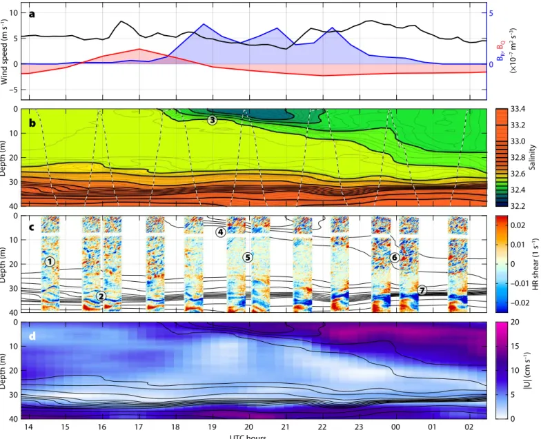 FIGURE 4. Detail of the upper-ocean response to rainfall October 8–9, 2016. (a) Surface forcing: wind speed (black, Wave Glider observations) and sur- sur-face buoyancy fluxes due to precipitation (blue, IMERG) and due to the net heat flux into the ocean (