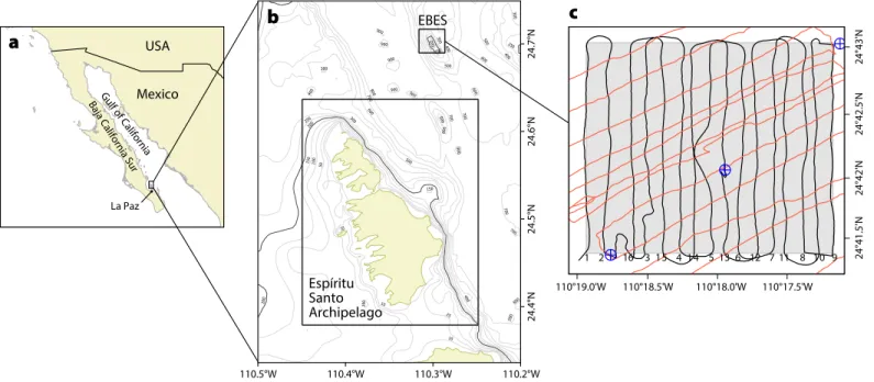 FIGURE 1. (a) Macrolocalization of the (b) Parque Nacional Zona Marina del Archipielago de Espíritu Santo (PNZMAES), with rectangles delineating  the marine protected area (MPA), including the Espíritu Santo Archipelago and El Bajo Espíritu Santo Seamount 