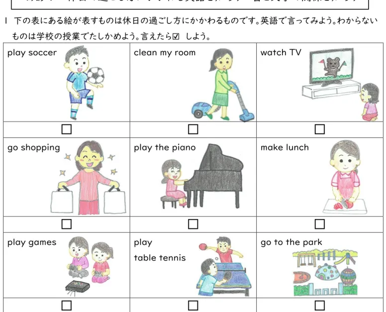 table tennis  go to the park  □  □  □  ２  次の（１）～（３）の英語の最初の音を、それぞれ右の３つの文字から選んで〇を付けましょう。 （１）                                                                                 （２） （３） ＜めあて＞  休日の過ごし方にかかわる英語を知ろう    音と文字の関係を知ろう b        d        v f        h      