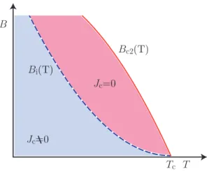 図 1.6: 不可逆曲線 1.4 不可逆磁界 B i 第二種超伝導体においては，ピンニング相互作用は超伝導状態が消失する上部臨界磁界 B c2 ま で存在すると考えられるので，磁化の不可逆性も B c2 まで存続すると思われるが，実際には B c2 の近くではピンニングが有効でなくなり，磁化は可逆となる．この J c = 0 と J c 6 = 0 の境界の磁界 を不可逆磁界といい，図 1.6 に示すように，磁界 - 温度平面上において不可逆磁界を連ねた曲線 B i を不可逆曲線 (irreversibil