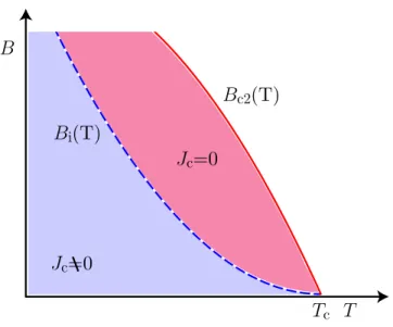 図 1.1: 温度-磁界平面上の相境界 B c2 (T) と不可逆曲線 B i (T) えられる。しかし、実際には図 1.1 に示すように熱的な擾乱の影響等により、B c2 以下で あってもピンニングが有効でなくなり、磁化は可逆となる。この J c = 0 と J c ̸ = 0 の境界 の磁界を不可逆磁界 B i といい、図 1.1 に示すように、磁界-温度平面上において不可逆磁 界を連ねた曲線を 不可逆曲線 (irreversibility line) B i (T) と呼ぶ。なお、ピンニングが有効 な