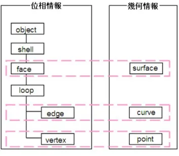 図 5.1  STEP のモデル要素  STEP のモデル要素では，図 5.1 に示すように，頂点に関する位相情報である vertex と点 に関する幾何情報を表す point が対応する．また，稜線に関する位相情報である edge と曲線 に関する幾何情報を表す curve が，さらに，面に関する位相情報である face と面に関する幾 何情報を表す surface がそれぞれ対応する．  (2) エンティティとモデルの関係  STEP で定義されているエンティティと本研究で実装するモデルの対応関係を表 