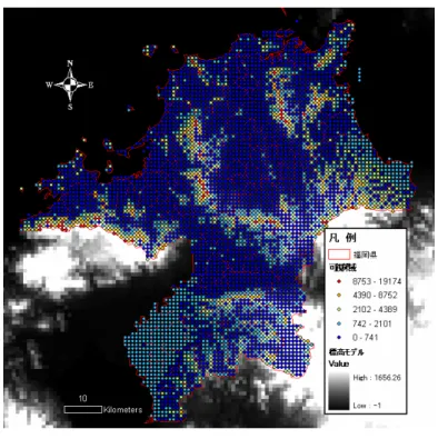 図 12    １ｋｍメッシュによる可視領域の計算結果 