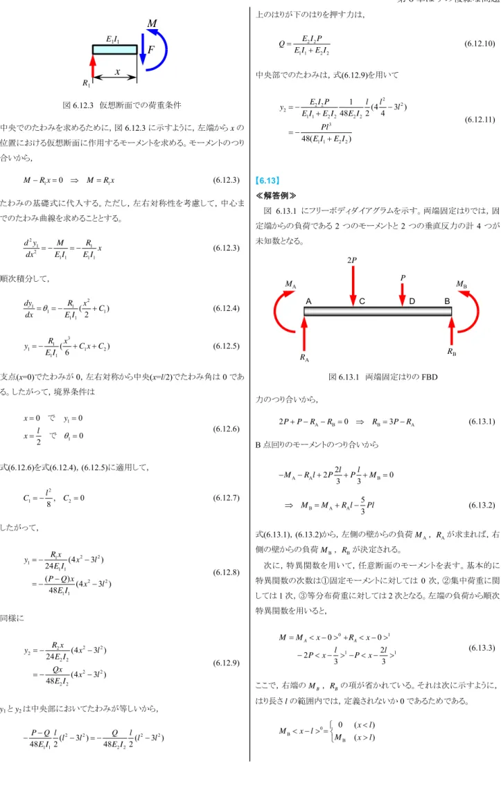 図 6.12.3  仮想断面での荷重条件  中央でのたわみを求めるために，図 6.12.3 に示すように，左端から x の 位置における仮想断面に作用するモーメントを求める。モーメントのつり 合いから，  1 0 1MR xM R x (6.12.3)  たわみの基礎式に代入する。ただし，左右対称性を考慮して，中心ま でのたわみ曲線を求めることとする。  2 1 1 2 1 1 1 1d yMRdx E I E I x (6.12.3)  順次積分して，  2 1 1 1 1 1 1 ( )
