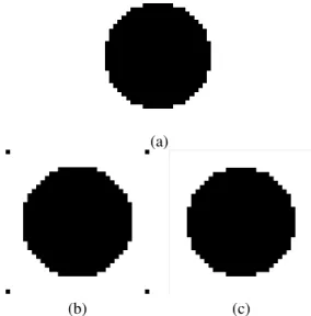 Fig. 8. Computer Simulation Result. (a) Original image, (b) Case of four corners are cell α, (c) Case of four corners are cell β