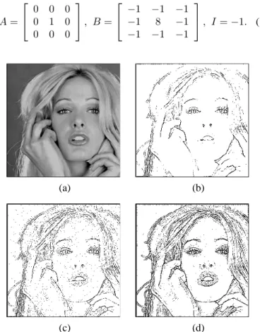Fig. 1. Simulation results 1. (a) Input and initial state images, (b) Output image of using conventional CNN, (c) Output image of using RL-CNN(S), (d) Output image of using RL-CNN(D).