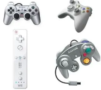 図 ３ . ２ 振動子内臓コントローラ 図 ３ . ３ 複数のカートリッジ差込口を持つ携帯用ゲーム機 視覚・聴覚情報と振動による触覚情報を組み合わせることで振動はア シスト的な役割をし、臨場感・没入感が増し操作性を高める効果がある。 アラームは利用者に変化を知らせるための道具である。当初は音のみ で知らせていたものが、音と振動の併用あるいは選択できるようになっ てきている。例としては、携帯電話、目覚まし時計、腕時計、キッチン タイマー、体温計、ダイブコンピュータ、ガス探知機等がある。