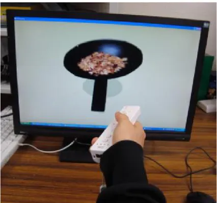 図 4.1: 実験の様子 おき、その入力データを用いて実験を行った。結果を表 4.1 に示す。描画更新速度は小数点以下を 四捨五入した値である。 表 4.1: 処理速度についての実験結果 格子数 FPS( 平均 ) 317 1563 529 1264 901 748 1373 620 予備調査の結果、容器内のハイトフィールドの格子数は 317 点で固体群挙動が自然に感じられ るとの評価が得られている。 317 点よりも多い格子数を用いた時の処理速度の結果は、固体群量を 増やしたり、複数の容器を使用することを