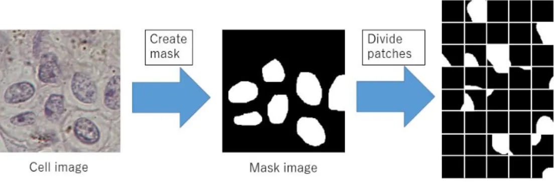 図 3.4: パッチ画像の作成 ( マスク ) 3.1.3 抽出方法 本手法では画素ごとではなく検出ウィンドウを設けてそれを細胞画像に対してラ スタスキャンを行い，検出ウィンドウから取得した画像を入力画像とする．検出ウィ ンドウの大きさは学習用データセットであるパッチ画像に合わせて 40 × 40px ，抽出 間隔を 5px とした．モデルに通した入力画像は細胞核が抽出された状態で出力され る．それをラスタスキャンが全ての画素に対して終わるまで繰り返し，全ての結果 を統合し細胞画像の抽出結果画像を作成する．