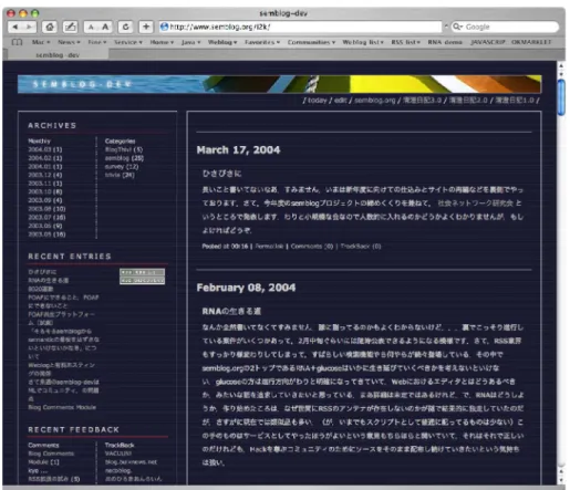 図 2.1 Weblog サイトの例 その一方で， Weblog サイトは一見してそれと判別できるような特殊な形態をしているわけ ではない．図 2.1 に示すように，従来と同様の HTML ファイルがハイパーリンクによって接 続されたものである．このため， Weblog は新たな名称をつけることによって作為的に起こさ れた一過性の流行現象でしかないと懐疑的に見る向きも多い．しかしながら， Weblog の普及 に際して，コンテンツの記述システムや情報収集の手法など， HTML ファイルを公開するま でのプロ