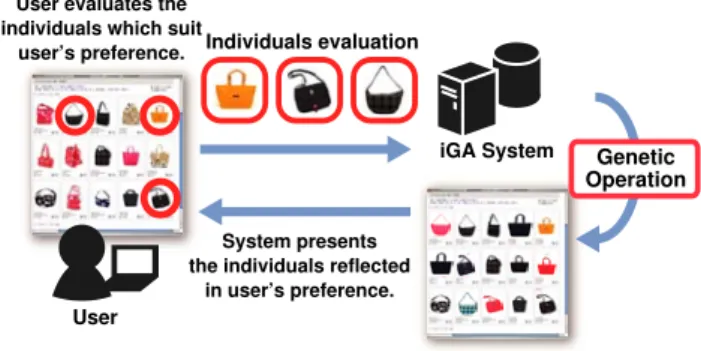 Figure 2 shows the flow of product recommendation by iGA. The user evaluates the products shown on the web interface