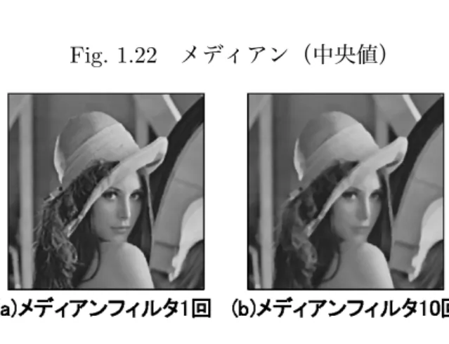 Fig. 1.22 メディアン（中央値） Fig. 1.23 メディアンフィルタ（処理結果） まった．一方，メディアンフィルタでは，処理回数が増加しても輪郭が保存され，画像がぼけない特 徴がある． 1.4 輪郭抽出 濃淡画像において輪郭とは，物体の外縁をあらわす線，または画像を特徴づける線要素であり，一 般的に濃度の急激な変化と定義される 4 ） ．画像中の濃度の変化，すなわち輪郭を検出する最も基本 的な方法として，関数の変化分を取り出す微分演算が輪郭抽出に利用できる．ディジタル画像ではデ ータが離散的に並