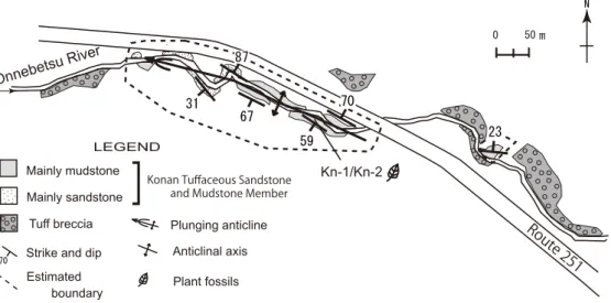 Fig. 2. Route map along the Onnebetsu River (Bifuka Formation, Konan Tuffaceous Sandstone and Mudstone Member).