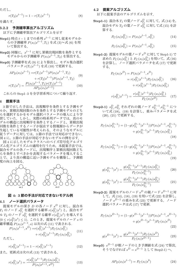 図 4: 3 節の手法が対応できないモデル例 4.1 ノード選択パラメータ 提案モデルの深さ D の各ノード s D に対し，混合木 T 1 のノード s D T 1 を選択する確率 r(s DT 1 |x t ) と，混合モデ ル T 2 のノード s D T 2 を選択する確率 r(s DT 2 | x t ) を導入する (0 ≤ r(s D T |x t ) ≤ 1)