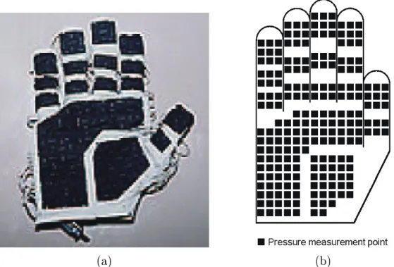 Fig. 2.1: (a) Sensor Glove markI I (b) Distribution of the pressure measurement points
