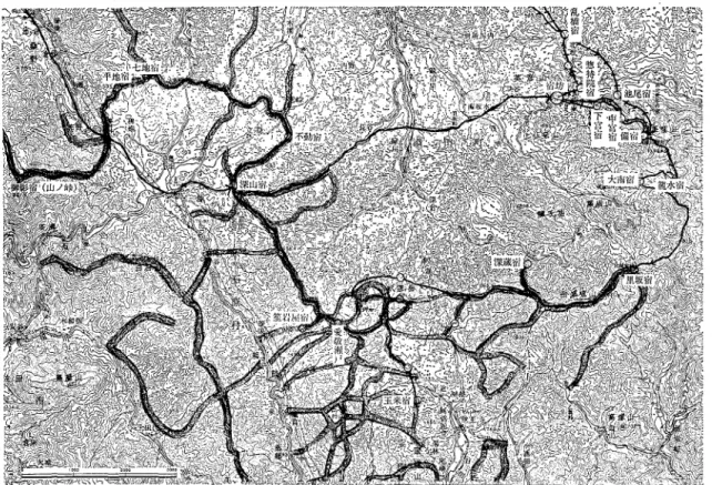 図 3 猟の道(網線)と複合する降入り道(猟の道は 1 9 8 4 年現在，降入り道は神仏分離前の状態)