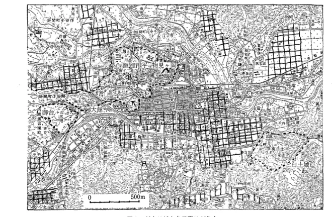 図 1 対象地域と条里型地割分布