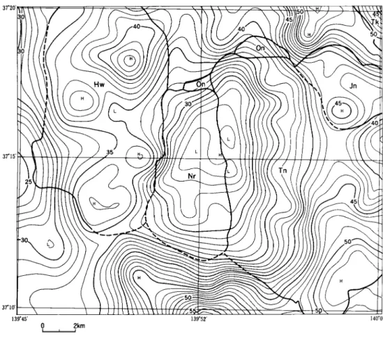 Fig. 2 Gravity anomaly map for the Tajima district. 