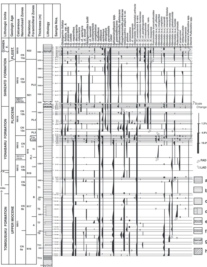 Figure 2  Planktonic foraminiferal stratigraphy through the Shimajiri Group and lower Chinen Formation, based range chart of major elements (After  Ujiié, 1985, slightly modified).