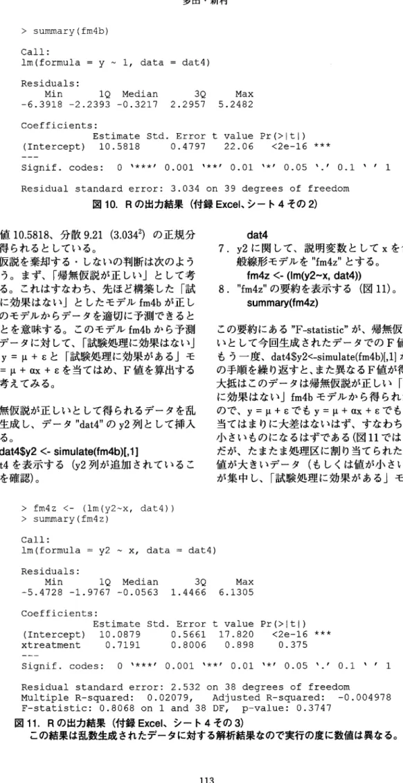図 1 0 . Rの出力結果（付録 E x c e l 、シート 4 その 2 ) は平均値 10.5818 、分散 9 . 2 1 ( 3 . 0 3 4 り の 正 規 分 布から得られるとしている。 帰無仮説を棄却する・しないの判断は次のよう に行なう。まず、「帰無仮説が正しい」として考 えてみる。これはすなわち、先ほど構築した「試 験処理に効果はない」としたモデル fm4b が正し く、このモデルからデータを適切に予測できると いうことを意味する。このモデル fm4b から予測 されるデータに対して