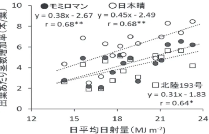 図 2252-3　出茎数増加期の出葉当たり茎数増加率と日平均日射量との関係
