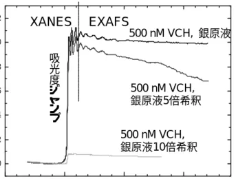図 7 は電気分解銀イオン水溶液の濃度を変えて作製した 3 種類のバイオ基板表面の XAFS 分析によって得られた吸光度プロットである。銀イオン水溶液の濃度が増加すると，吸光 度のジャンプ量が増大することが分かった。このジャンプ量は基板表面の銀存在量に比例 すると考えられるので，銀イオン水溶液由来の銀が基板表面へ結合していることが推測で きた。さらに XANES の規格化強度プロットを行った（図 8） 。銀が結合したバイオ基板と 銀 foil のスペクトルは同じ形であったが，硝酸銀水溶液の波形は異なっていた