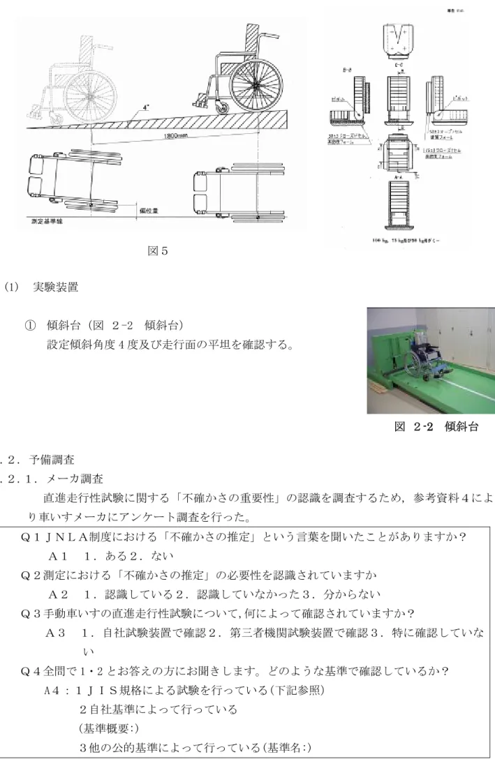 図 ２ -2   傾斜台(1) 実験装置 ①  傾斜台（図 ２-2  傾斜台） 設定傾斜角度 4 度及び走行面の平坦を確認する。  ３.２. 予備調査  ３.２.１. メーカ調査  直進走行性試験に関する「不確かさの重要性」の認識を調査するため, 参考資料４によ り車いすメーカにアンケート調査を行った。  Ｑ１ＪＮＬＡ制度における「不確かさの推定」という言葉を聞いたことがありますか？  Ａ１  １．ある２．ない  Ｑ２測定における「不確かさの推定」の必要性を認識されていますか  Ａ２  １．認識している２．