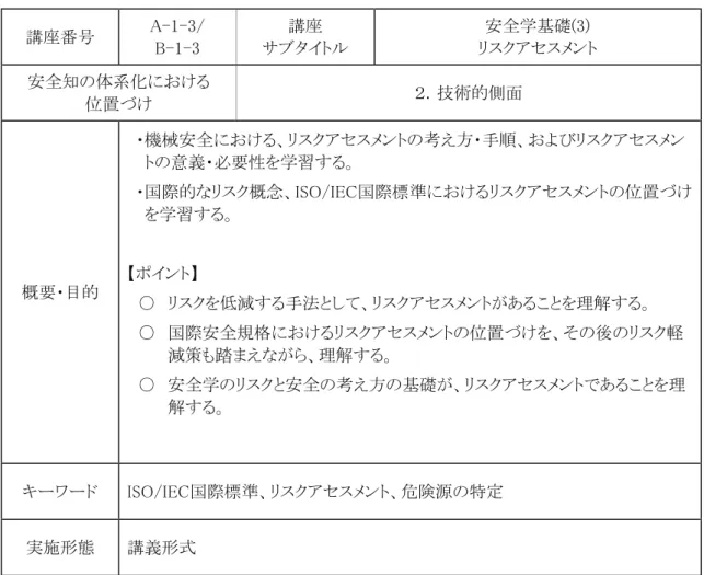 表 3-3  講義内容（安全学基礎(3)リスクアセスメント）  講座番号  A-1-3/  B-1-3  講座  サブタイトル  安全学基礎(3)  リスクアセスメント  安全知の体系化における  位置づけ  ２．技術的側面  概要・目的  ・機械安全における、リスクアセスメントの考え方・手順、およびリスクアセスメントの意義・必要性を学習する。  ・国際的なリスク概念、ISO/IEC国際標準におけるリスクアセスメントの位置づけを学習する。 【ポイント】  ○  リスクを低減する手法として、リスクアセスメント