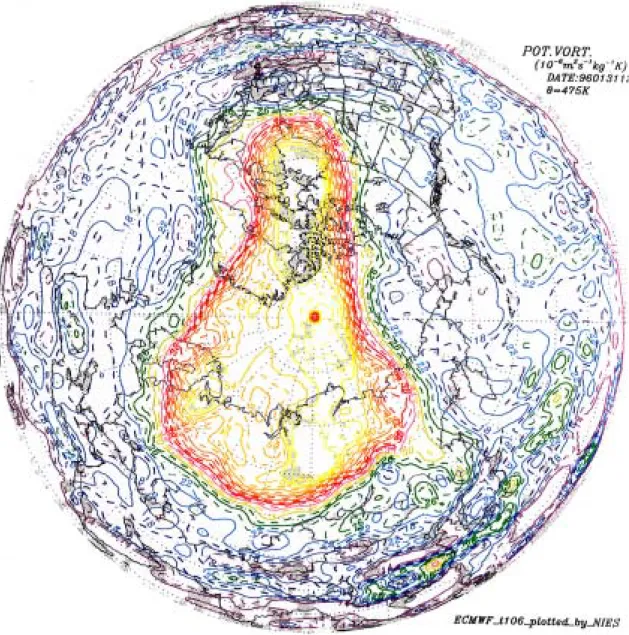 図 3.1.1-3  ECMWF の解析データから求めた 1996 年 1 月 31 日 12 時(世界標準時)におけ る温位 475K 面の渦位の水平分布（国立環境研究所による） 
