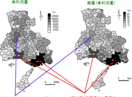 図  1. 2-4  集積バイオマスの分布 43) (b)走行距離による収集運搬コストの算出  表   1. 2-4   収集運搬コスト 43) (c) 検討廃棄物と対象の絞込みを実施 剪定枝、廃プラスチックが集積コストの観点から期待でき、特に廃プラス チックは発熱量も高く、集積が必須条件であるとしている。                                                          43 京大・工  前一廣、ひょうごエコタウン推進会議バイオマスの有効利用産業研究会  平