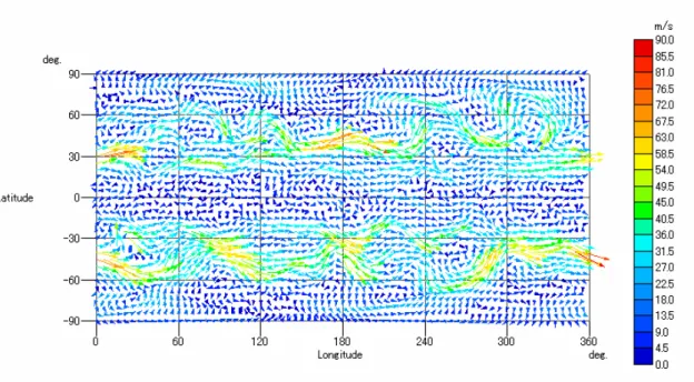 図 1.5-6   水平風速の分布（ 1994 年 4 月 21 日、高度 9km ）［単位： m ･ s -1 ］ 