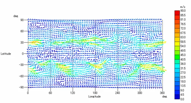 図 1.5-8   水平風速の分布（ 1994 年 4 月 21 日、高度 13km ） ［単位： m ･ s -1 ］ 