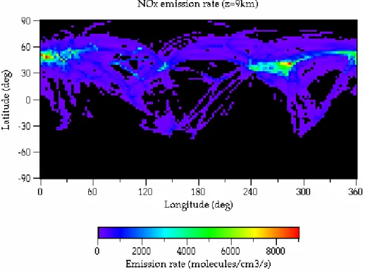 図 1.5-11 1992 年の NOx の排出量（高度 9km ）［単位：分子･ cm -3 ･s -1 ］（参考文献 1） 