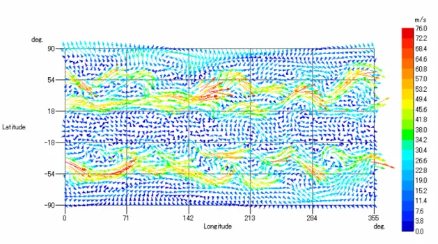 図 3.1.4-5  1994 年 3 月 21 日 0 時の 250hPa 面における風速ベクトル［単位：m･s -1 ］ 