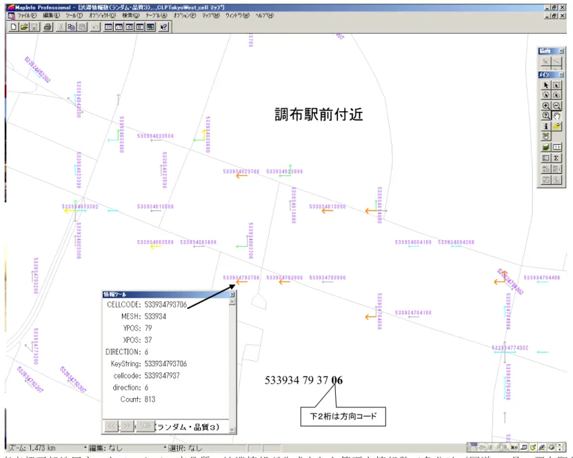 図   4.5-9   東京都西部地区ネットワークで一定品質の渋滞情報が生成された箇所を情報数で色分け（国道 20 号・調布駅前付近）
