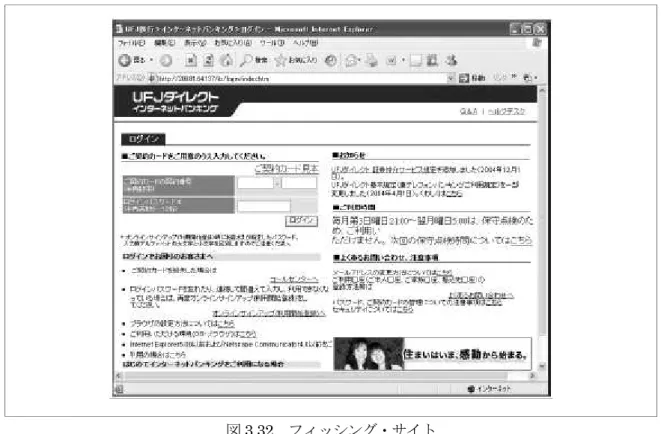 図 3.32  フィッシング・サイト  当然、入れますといろいろ番号を取られて、パスワードも取られます。取られてしまうとあと は他の人が、悪い人があなたのアカウントから、銀行口座からお金をどこかに転送してしまう。 パスワードを盗まれますから。こういうことをやるわけです。これがフィッシングの典型的な例 です。  図 3.33  フィッシングのページ 