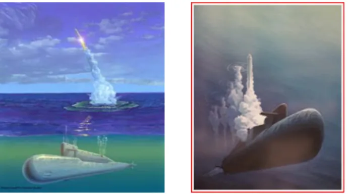 図 1.1.4-1  原子力潜水艦からのロケット発射  表 1.1.4-1  VOLNA 諸元  形状：φ 1.8m×L 14.2m  打上げ時重量：35.4 トン  ペイロード容積：1.3 ｍ 3 回収システム重量：720kg 以上  実験機器重量 400kg 以上  打上げ能力：高度  400km    600km    800km  100kg      80kg    60kg  ステージ  3 段式  燃料  φ3.9m×10.4m  推薬：UDMH＋N 2 O 4  推力：912kN  射点  